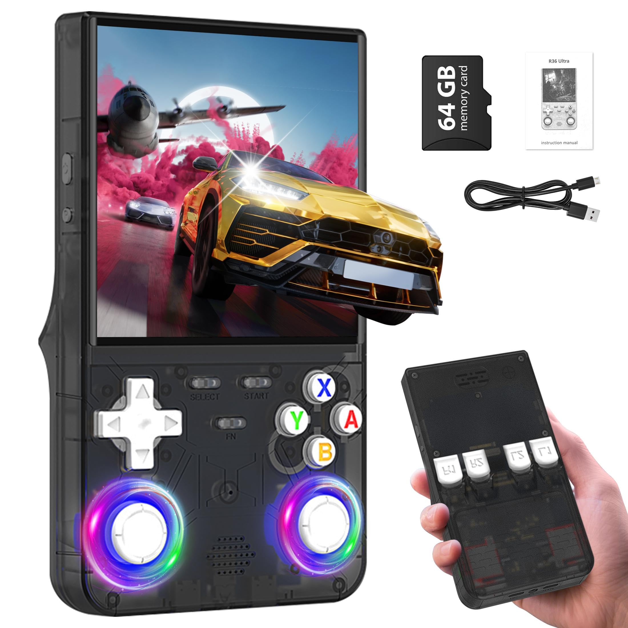 R36Ultras Retro Handheld Game Console with Open Source Linux System,4.0-Inch IPS Screen,64GB TF Card Contains 15,000+ games, WIFI-enabled Retro Games Console Handheld Emulator Console-Black